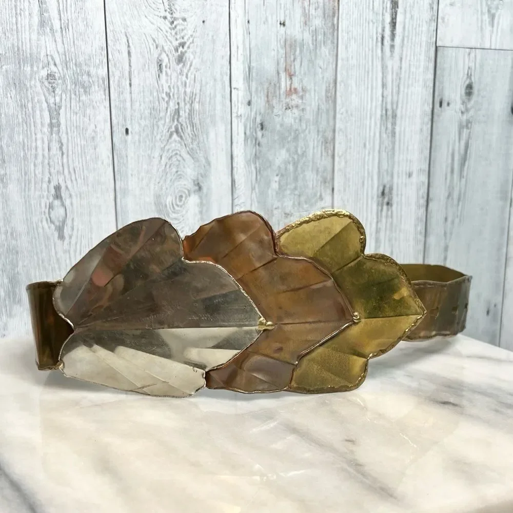 Vintage 80s Artisan Mixed Metal Scalloped Leaf Wide Belt Gaudy Unique Avantgarde